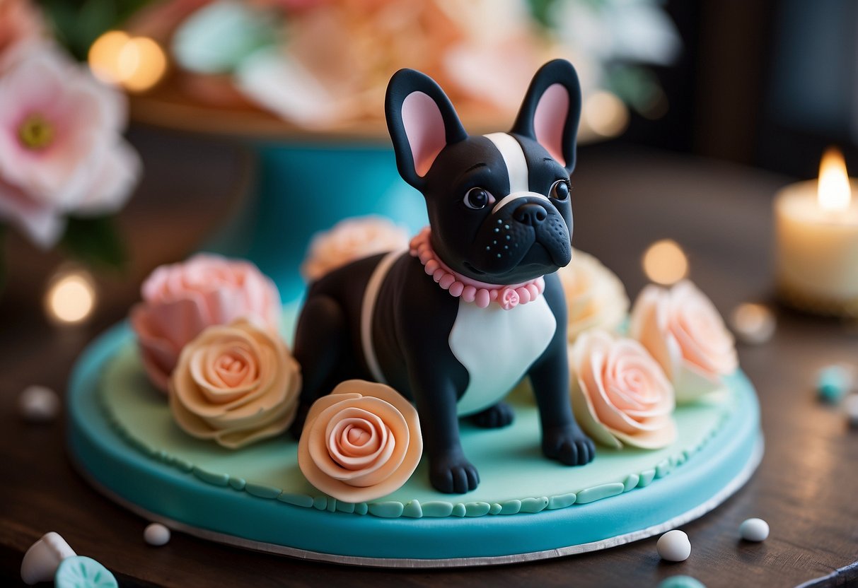 A French bulldog cake with personalized touches, adorned with creative techniques like fondant sculpting and edible paint details