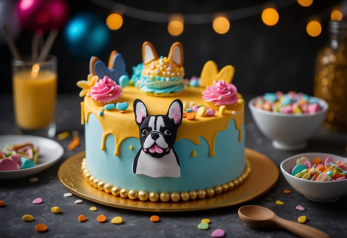 A French bulldog cake sits on a table, adorned with colorful frosting and edible decorations. The cake is surrounded by pastry tools and ingredients, ready to be used for decorating