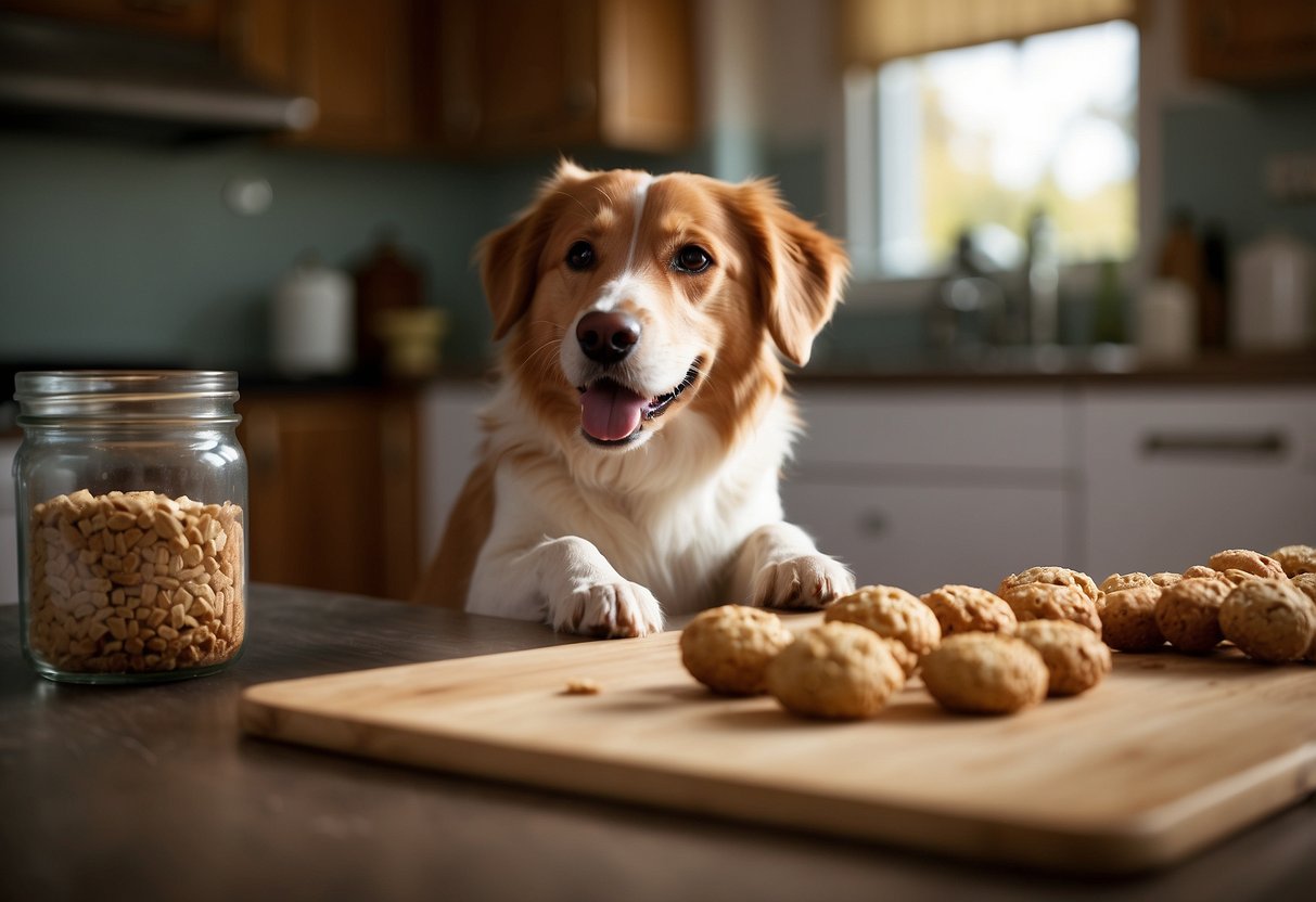 A dog happily munches on a homemade treat. A variety of ingredients and baking tools are scattered around a cozy kitchen counter