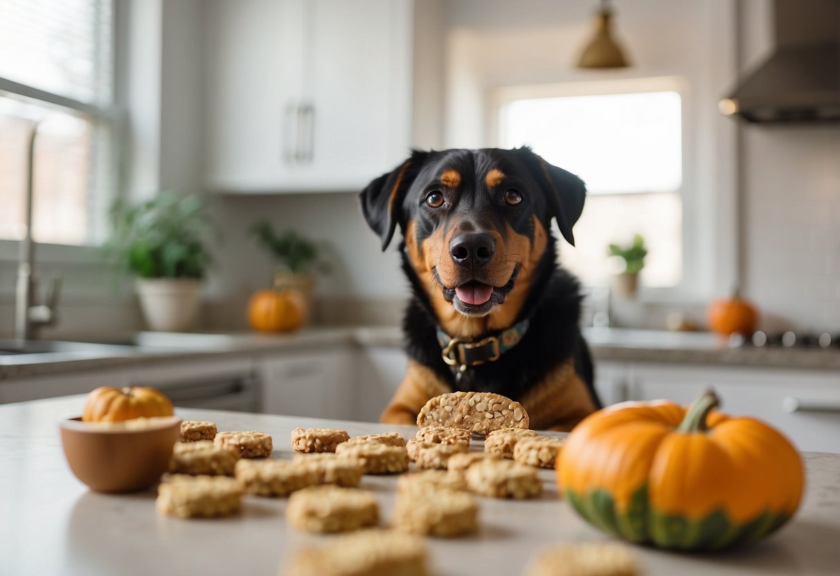 A dog happily munching on homemade dog treats, with ingredients like pumpkin and oatmeal, displayed on a clean kitchen counter