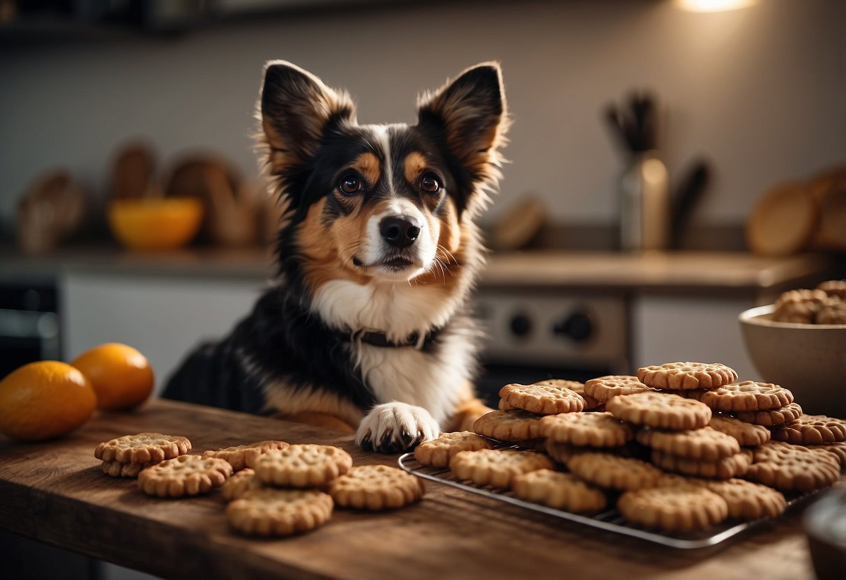 A kitchen counter cluttered with various ingredients and utensils, with a batch of freshly baked homemade dog treats cooling on a wire rack