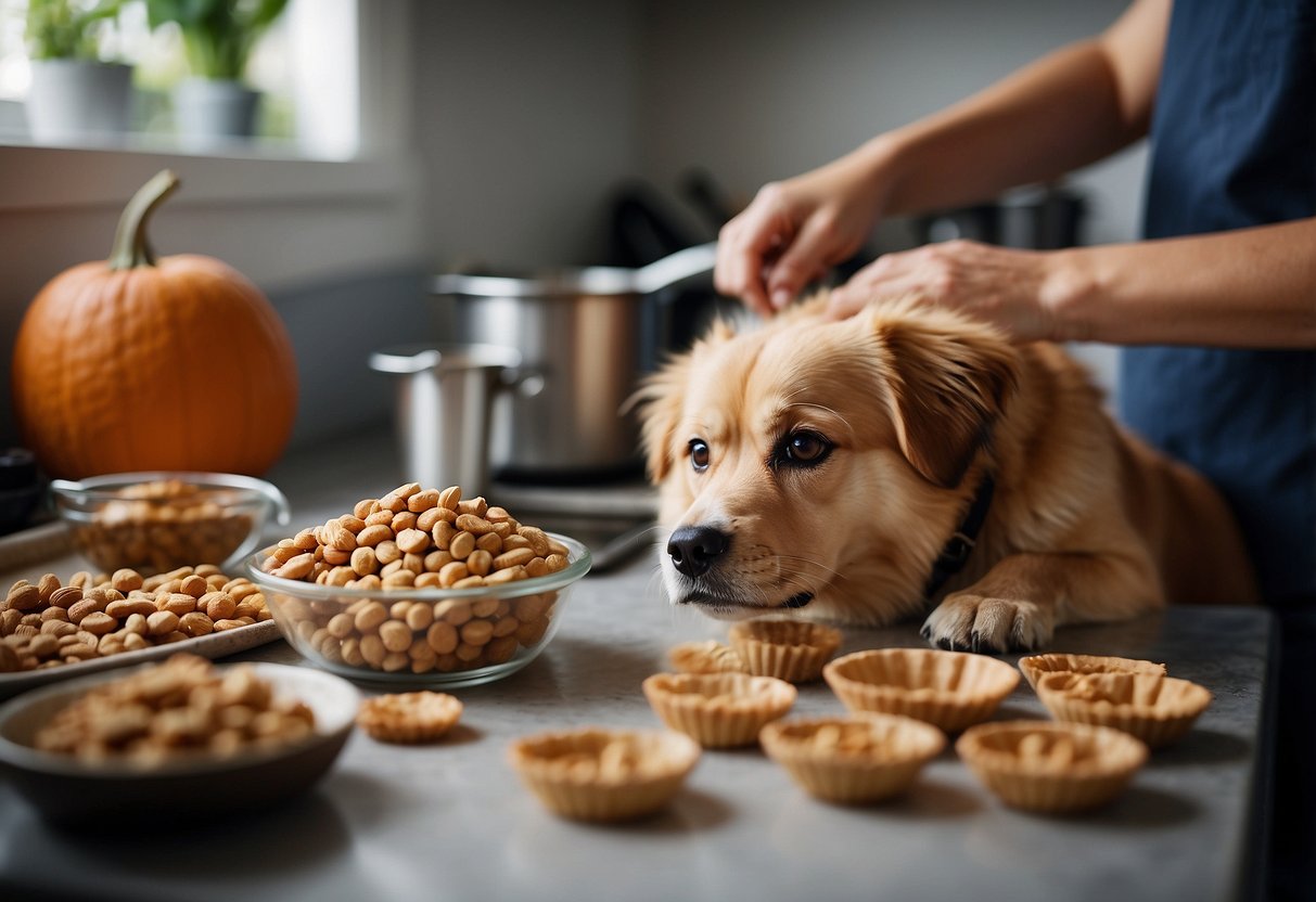 A dog eagerly awaits as a person mixes peanut butter and pumpkin in a bowl. The person then shapes the mixture into small treats and places them on a baking sheet