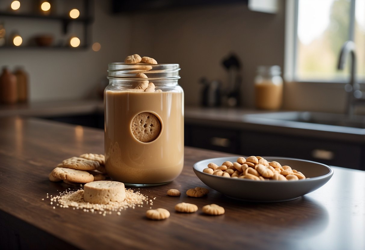 A jar of peanut butter, a mixing bowl, flour, and a dog bone-shaped cookie cutter on a kitchen counter. Ingredients for homemade dog treats