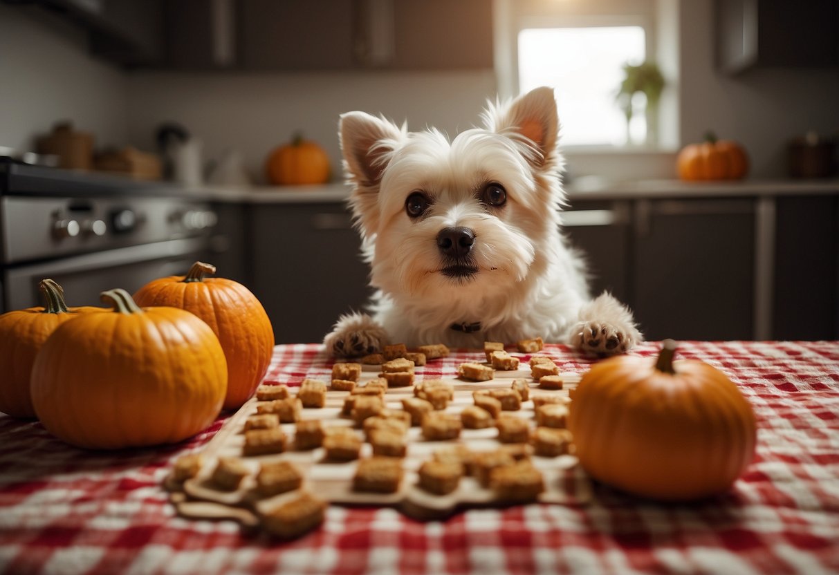 A dog eagerly eats a pumpkin-shaped treat on a checkered blanket in a cozy kitchen. Ingredients and a recipe card are scattered nearby