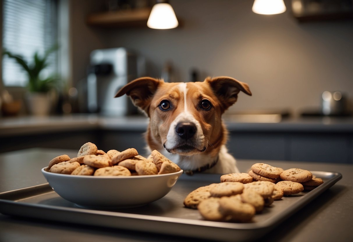 A dog eagerly awaits as three simple ingredients are mixed together in a bowl. A tray of freshly baked dog treats sits on the counter, ready to be enjoyed