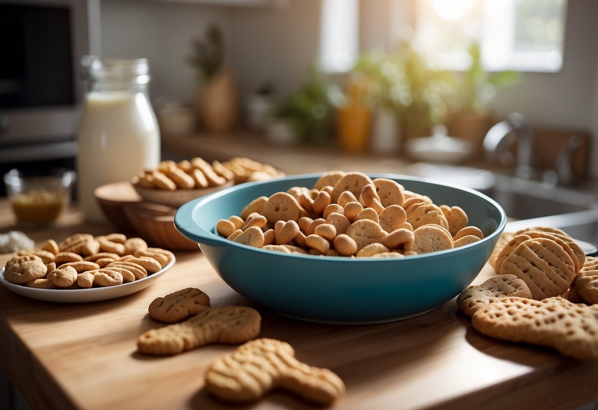 A mixing bowl filled with ingredients, a rolling pin, and cookie cutters on a kitchen counter. A tray of freshly baked peanut butter dog treats cooling on a wire rack