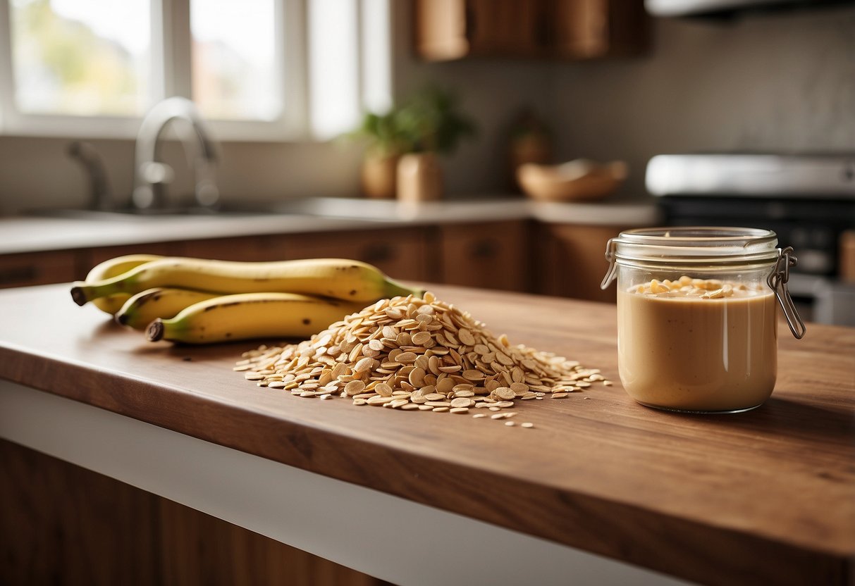 A wooden kitchen counter with ingredients: peanut butter, bananas, oats, and a rolling pin. A mixing bowl and cookie cutter sit nearby