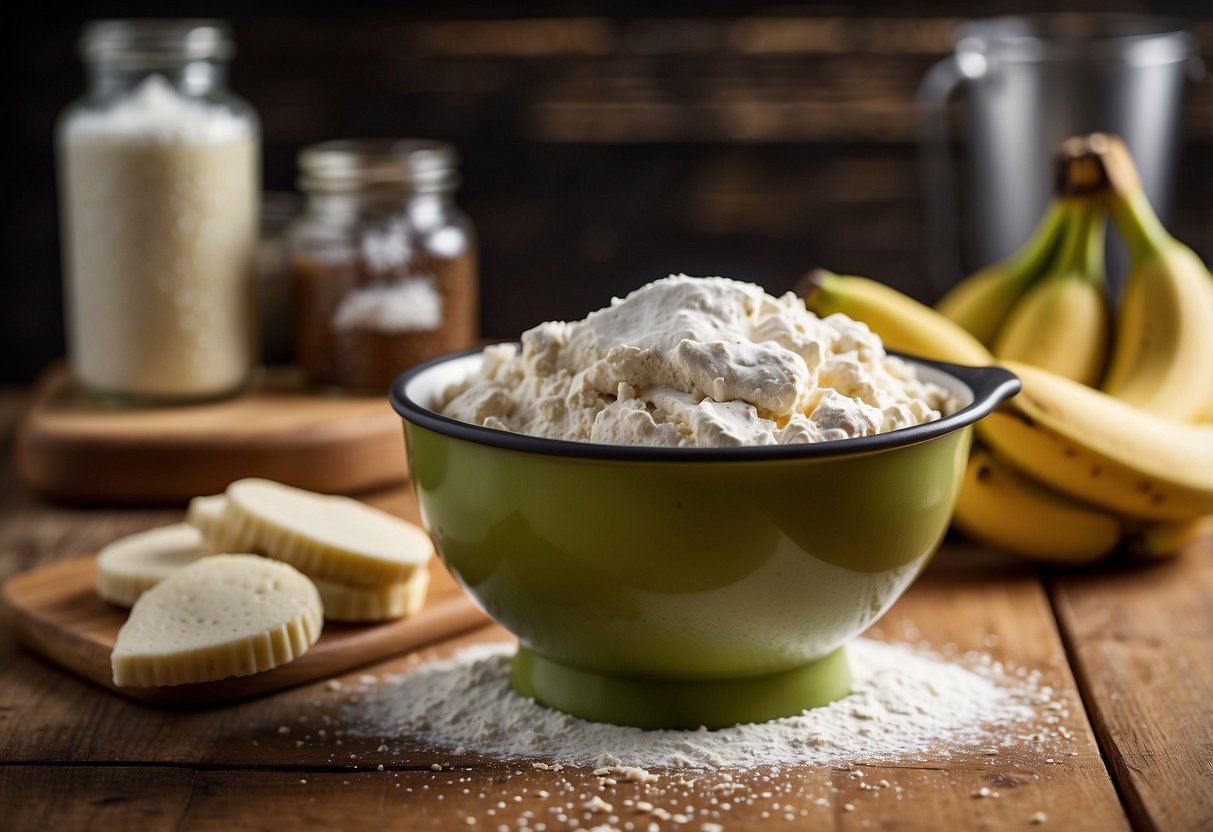 A mixing bowl with flour and mashed bananas. Dog bone-shaped cookie cutter on a wooden surface. Text "Easy 2 Ingredient Dog Treats" in the background