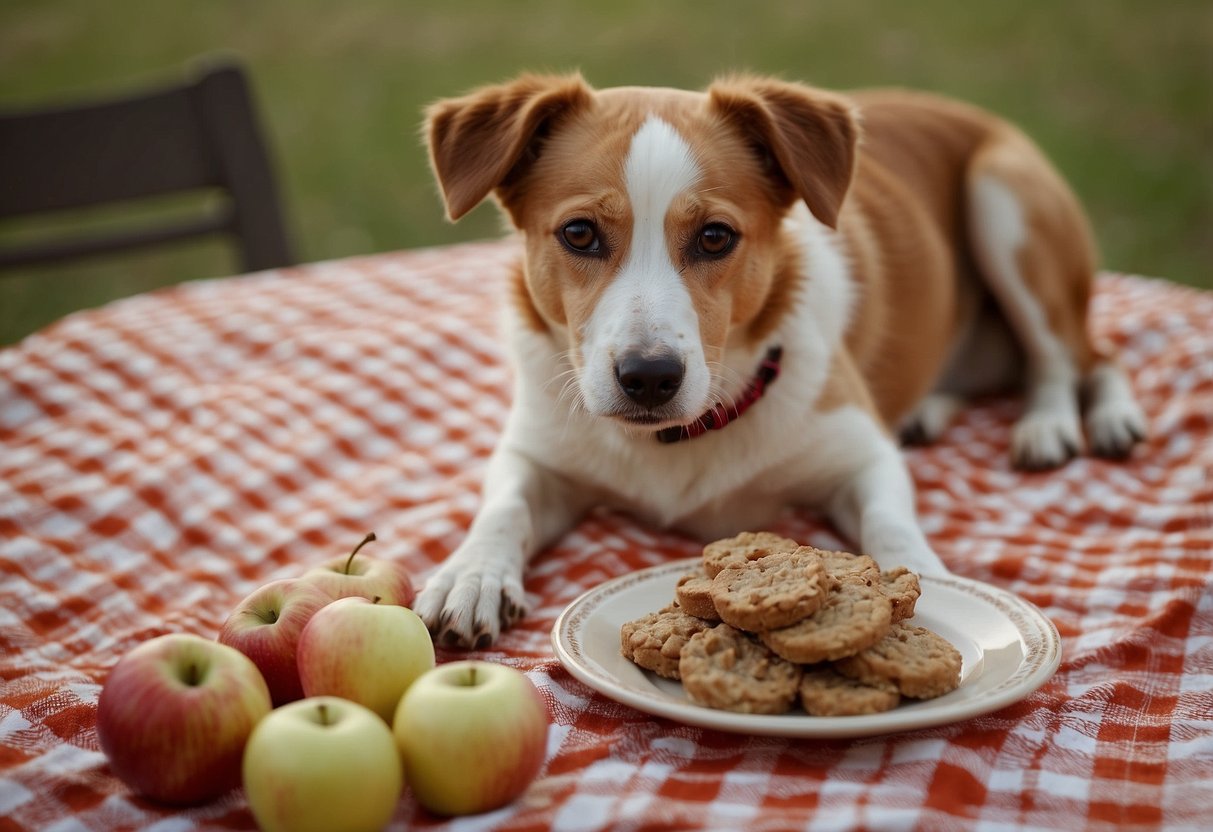 A dog eagerly eats homemade applesauce treats on a checkered tablecloth. Ingredients like oats, apples, and cinnamon surround the dog