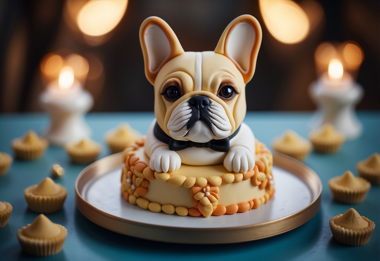 A French bulldog-shaped cake with fondant ears, a wrinkled face, and a collar, surrounded by pastry bones and paw prints