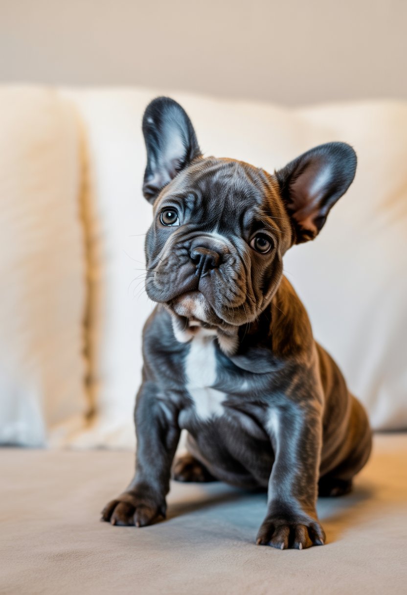 A French bulldog puppy sitting and looking at the camera against a plain background.
