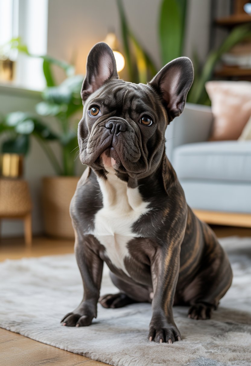 A male French Bulldog sitting on a living room floor with a couch and plants in the background.