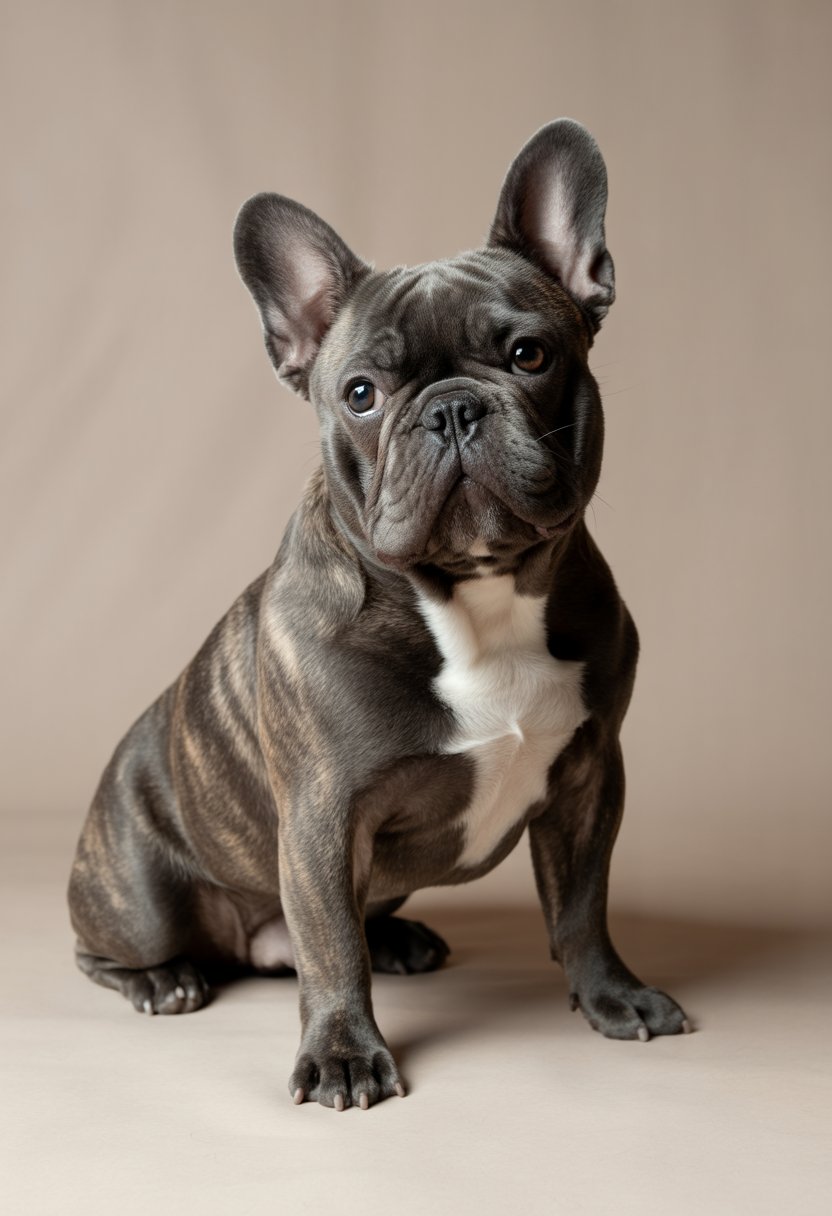 A male French Bulldog sitting attentively against a plain background.