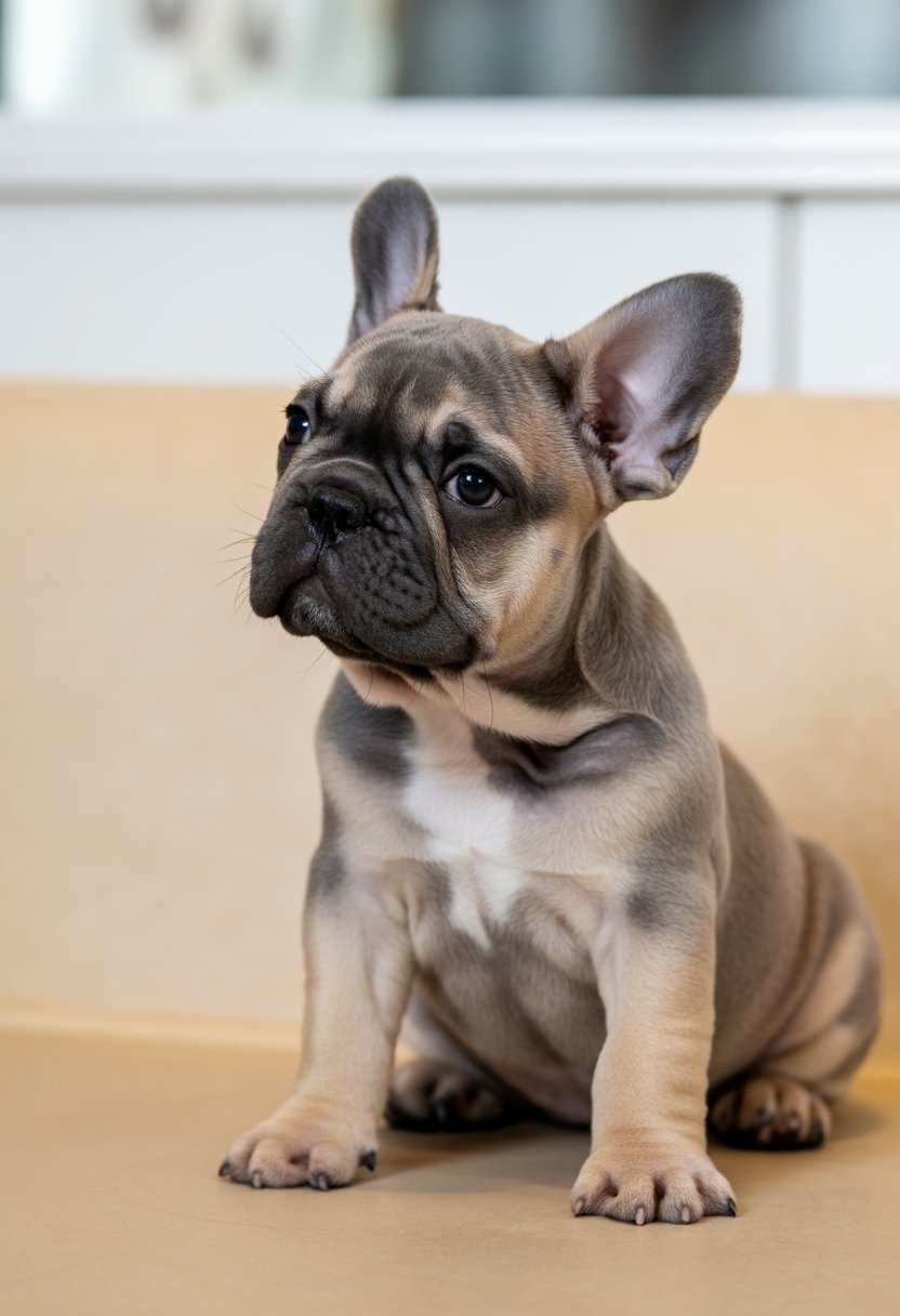 A Louis French Bulldog puppy sitting on a neutral background, looking attentive and curious.