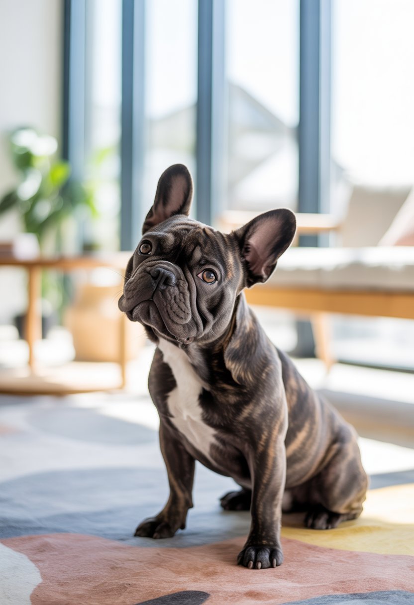 A male French Bulldog sitting on a rug in a bright room with plants and wooden furniture.