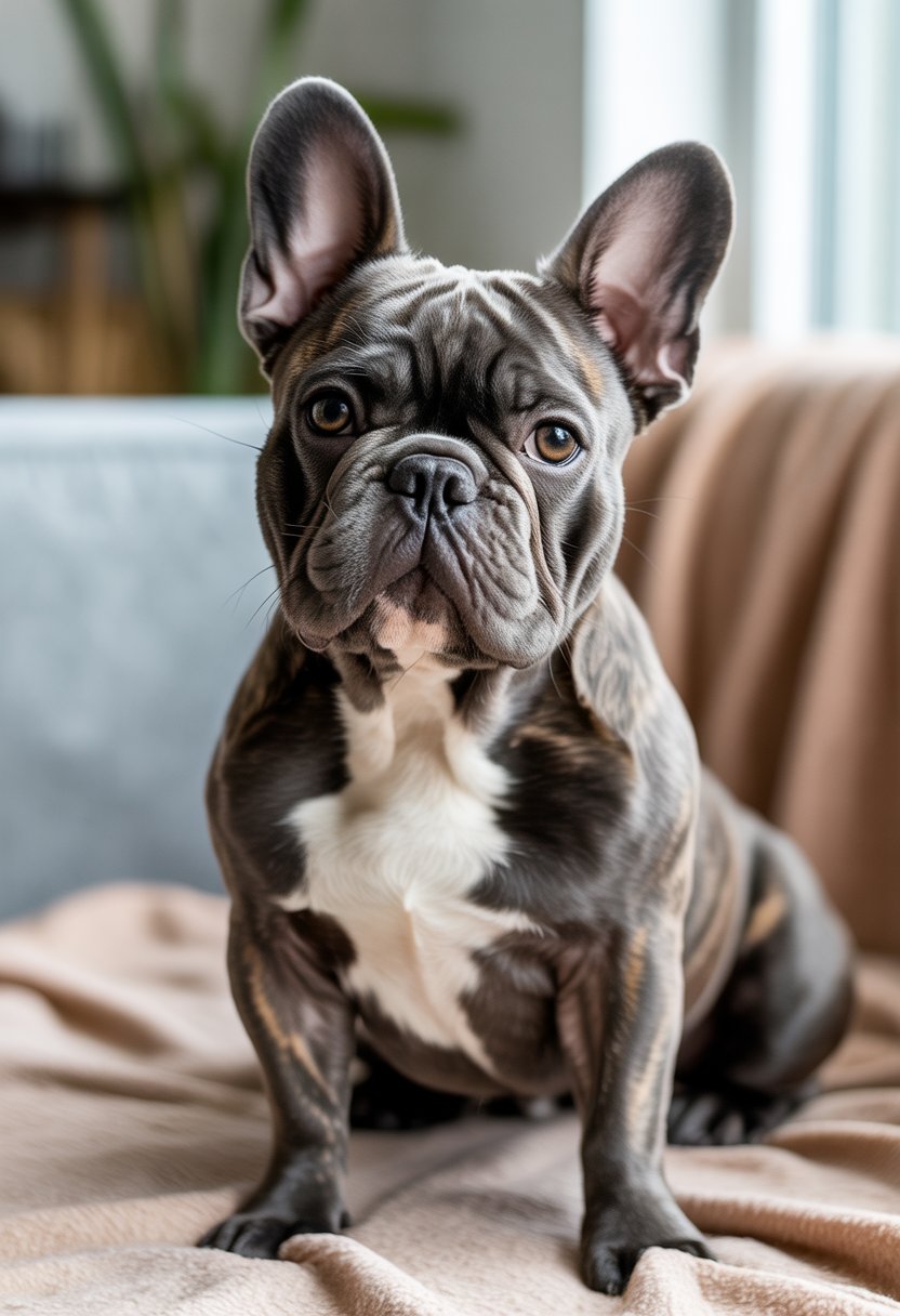 A male French Bulldog sitting on a soft blanket indoors, looking attentively with upright ears.