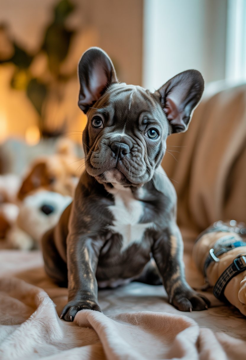 A French Bulldog puppy sitting on a soft blanket with a blurred background.