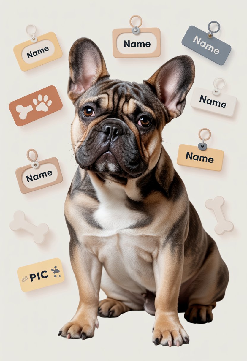 A male French Bulldog sitting attentively with large ears and a fawn coat on a neutral background, surrounded by subtle floating letter blocks and paw print icons.