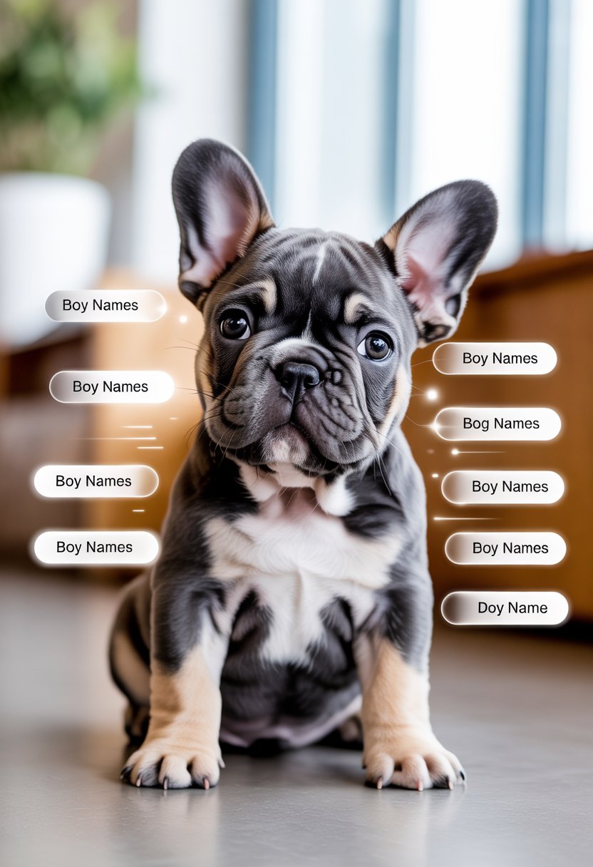 A French Bulldog puppy sitting and looking at the camera with floating name tags around it suggesting popular boy dog names.