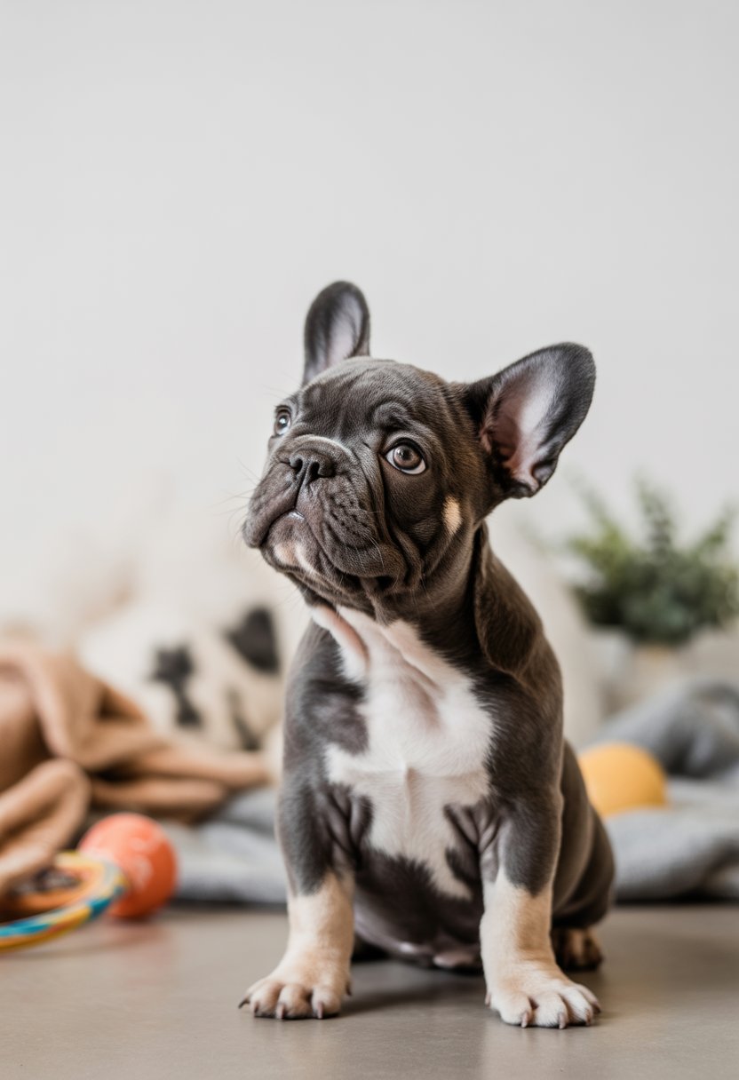 A French bulldog puppy sitting on a surface with toys and a plant in the background.