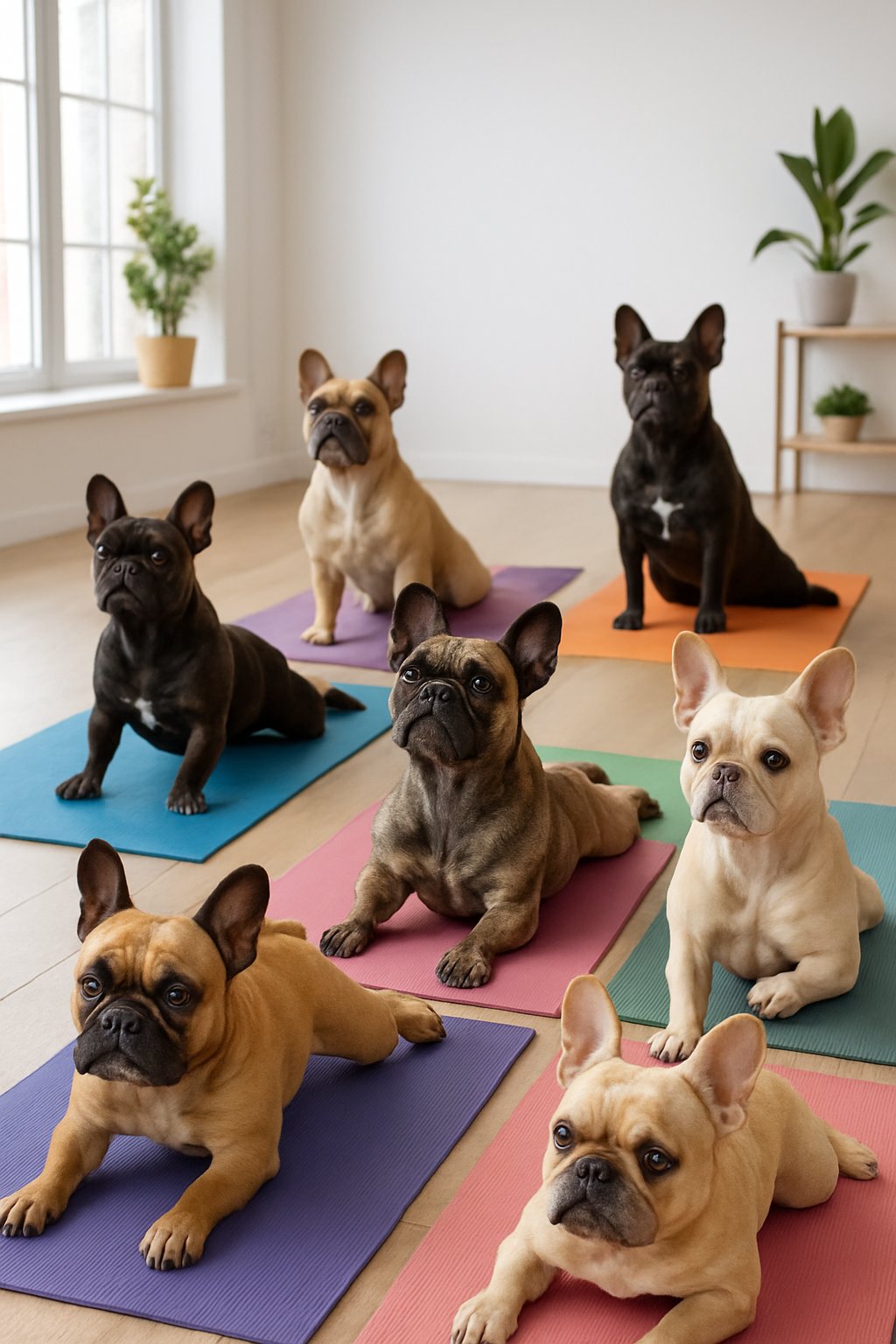 Seven French bulldogs positioned in different yoga poses on mats inside a bright studio.