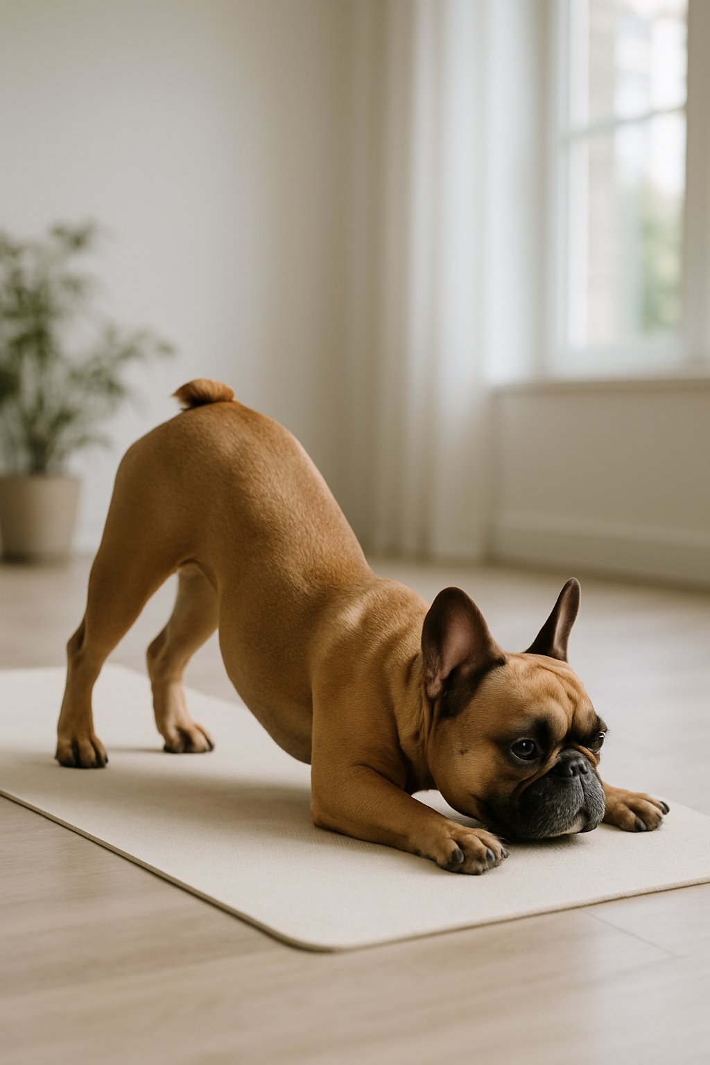 A French Bulldog performing a downward dog yoga pose on a yoga mat in a bright indoor studio.