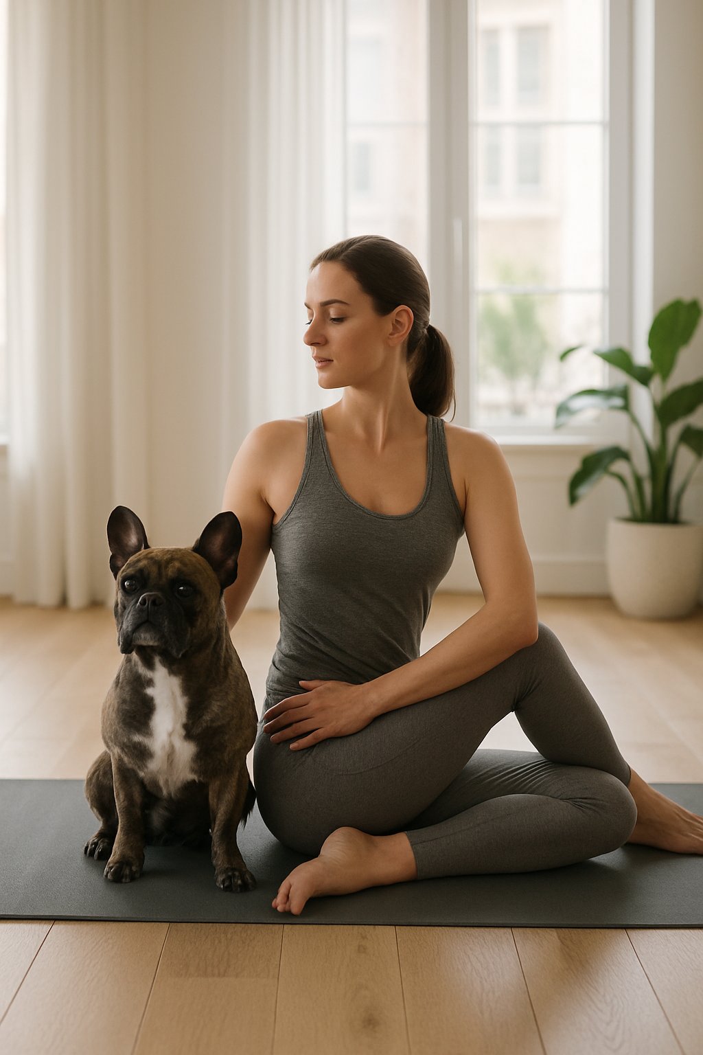 A person performing a seated spinal twist yoga pose next to a French Bulldog sitting on a yoga mat indoors.