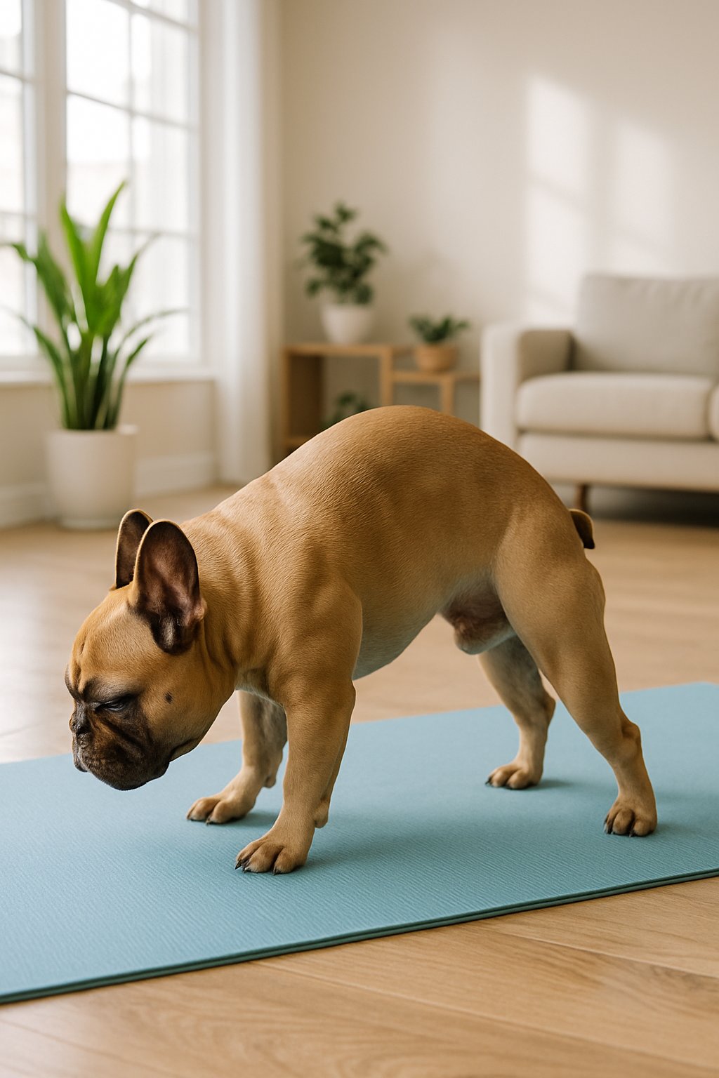 A French Bulldog performing a yoga stretch on a blue mat in a bright living room.