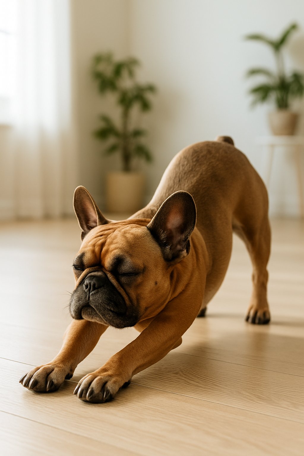 A French Bulldog stretching its front legs forward while arching its back on a wooden floor in a bright room.