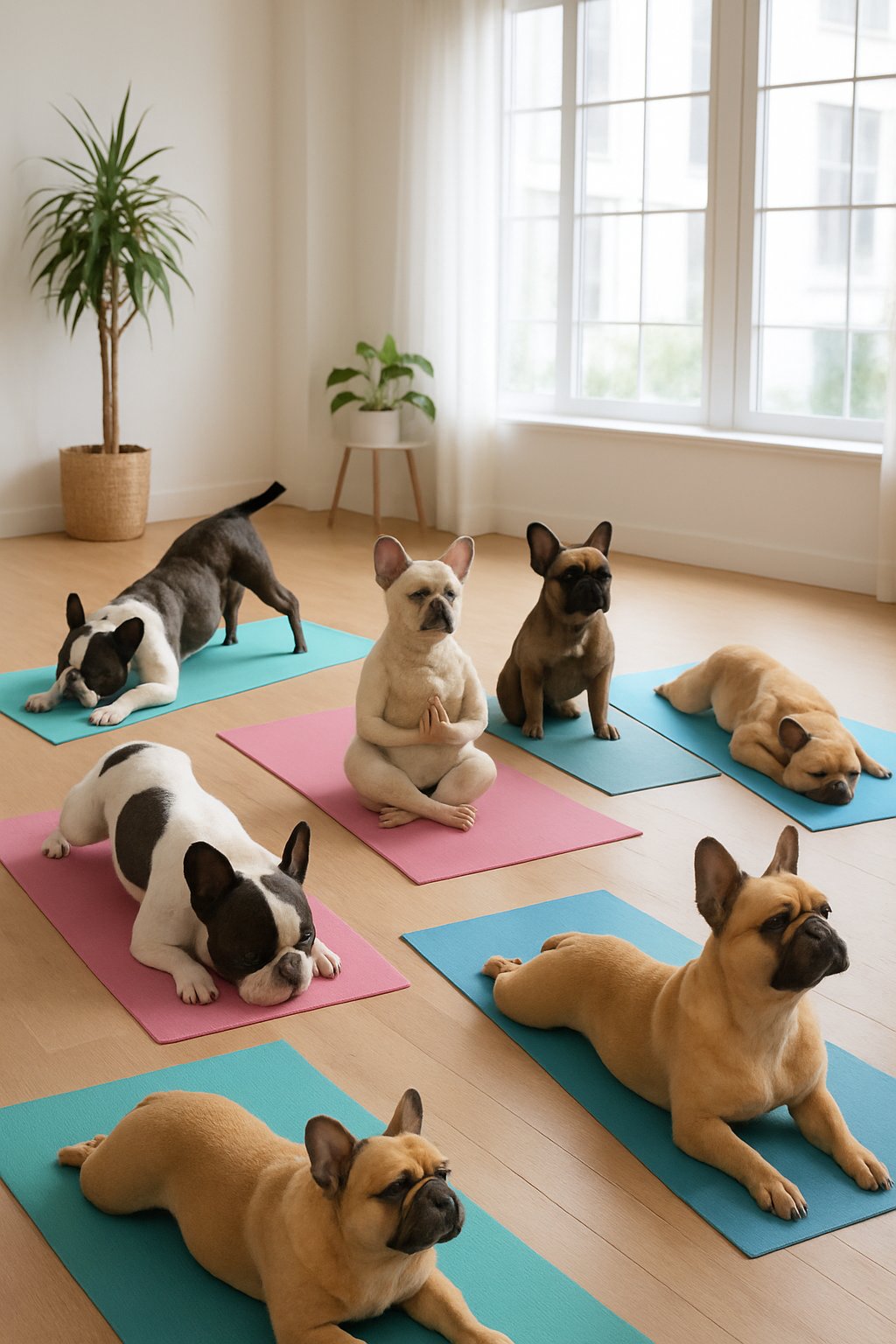 Seven French Bulldogs performing different yoga poses on colorful mats in a bright studio with natural light.