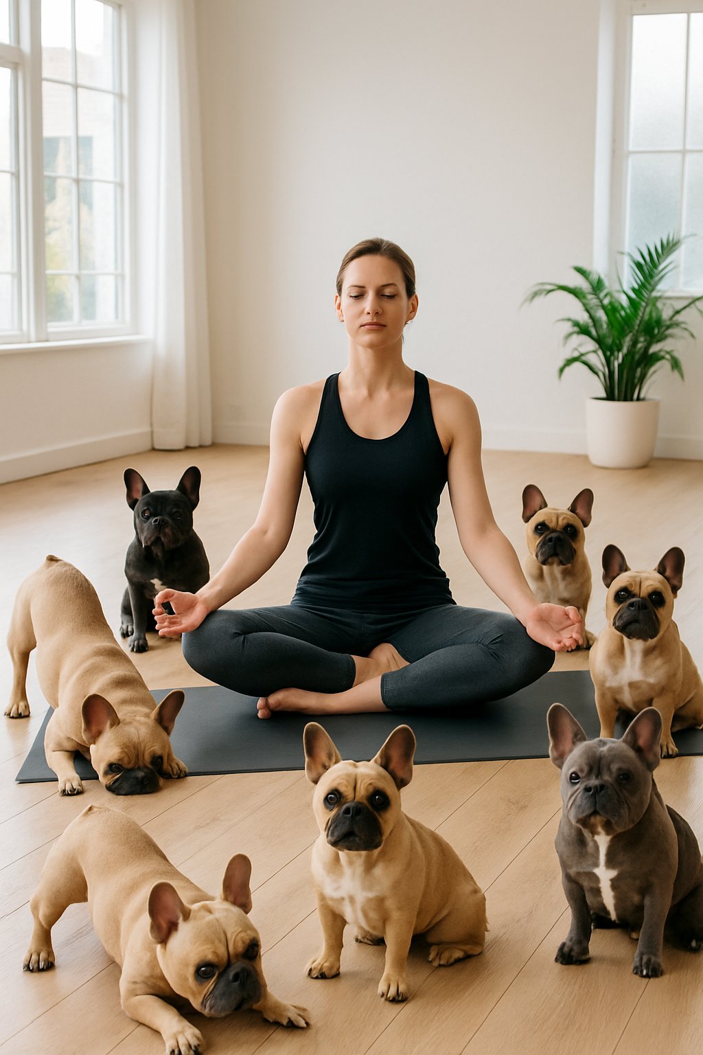 A person practicing yoga indoors with seven French Bulldogs positioned around them, all appearing calm and engaged.