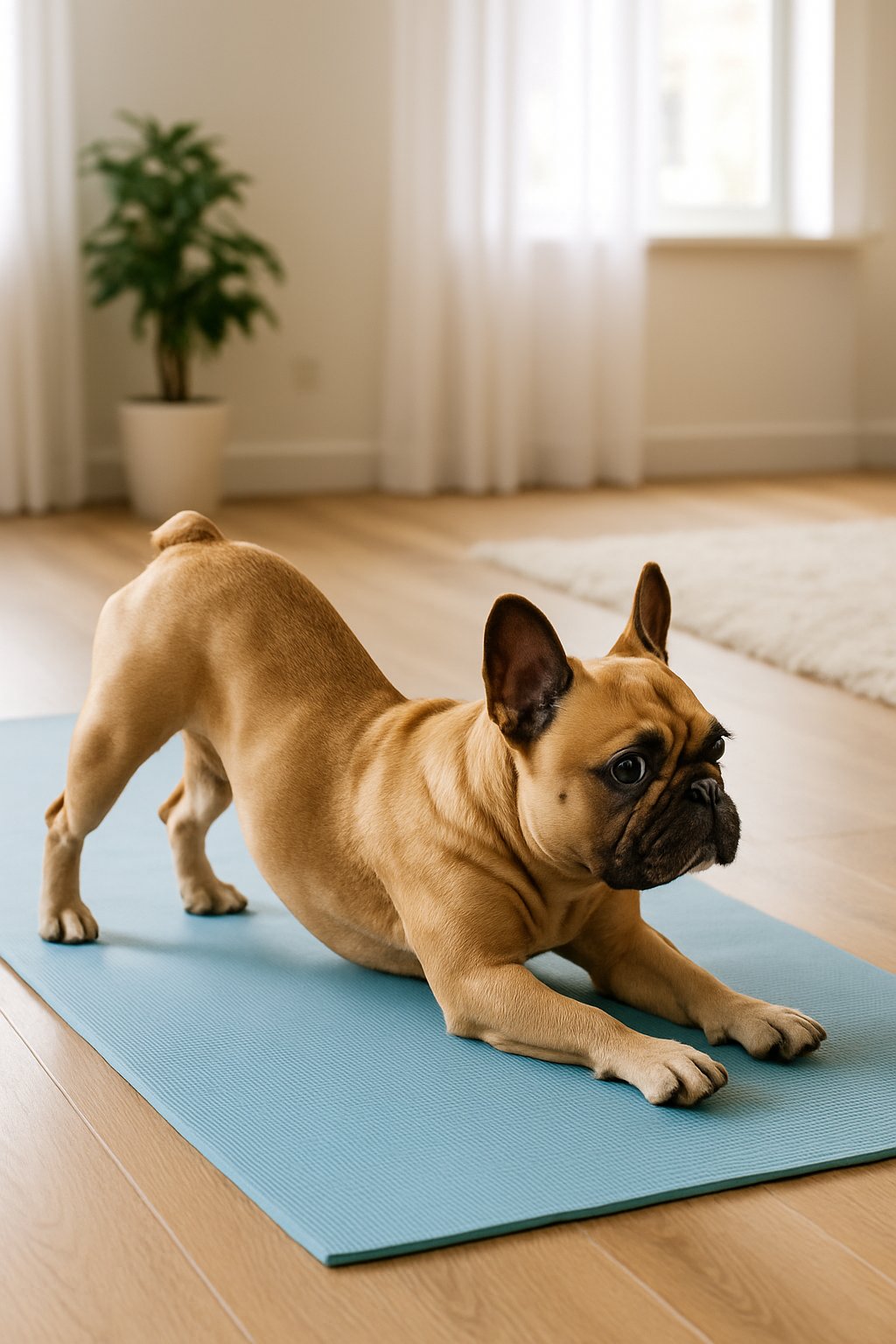 A French bulldog stretching on a yoga mat in a bright living room.
