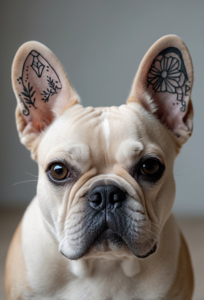 Close-up of a French Bulldog showing artistic tattoo designs on its ears.
