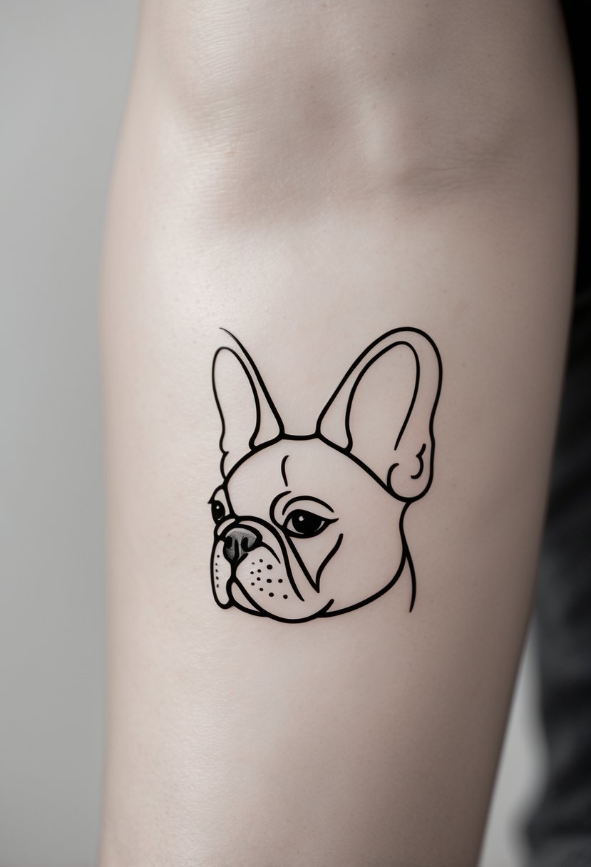 Close-up of a minimalist outline tattoo of a French Bulldog ear on skin.