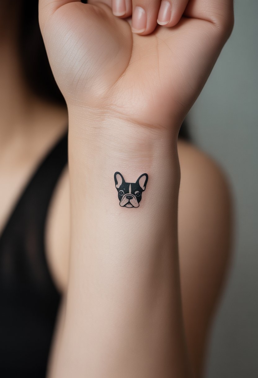 Close-up of a small French Bulldog ear silhouette tattoo on a person's wrist.