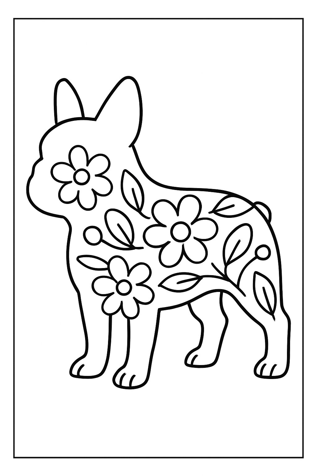 Outline of a French Bulldog filled with simple flower and leaf shapes on a plain white background.