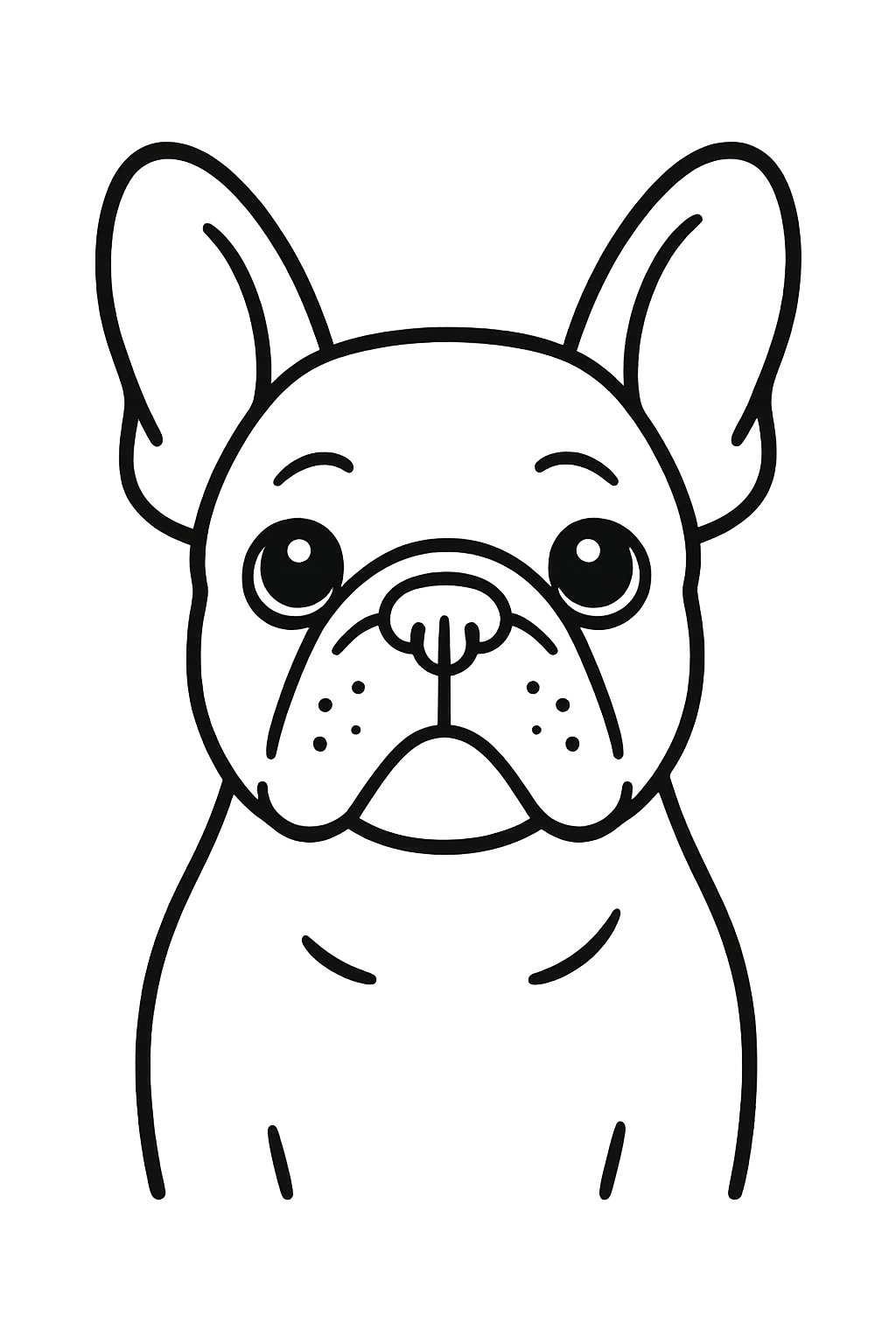 A simple line drawing of a French Bulldog's face and upper shoulders.