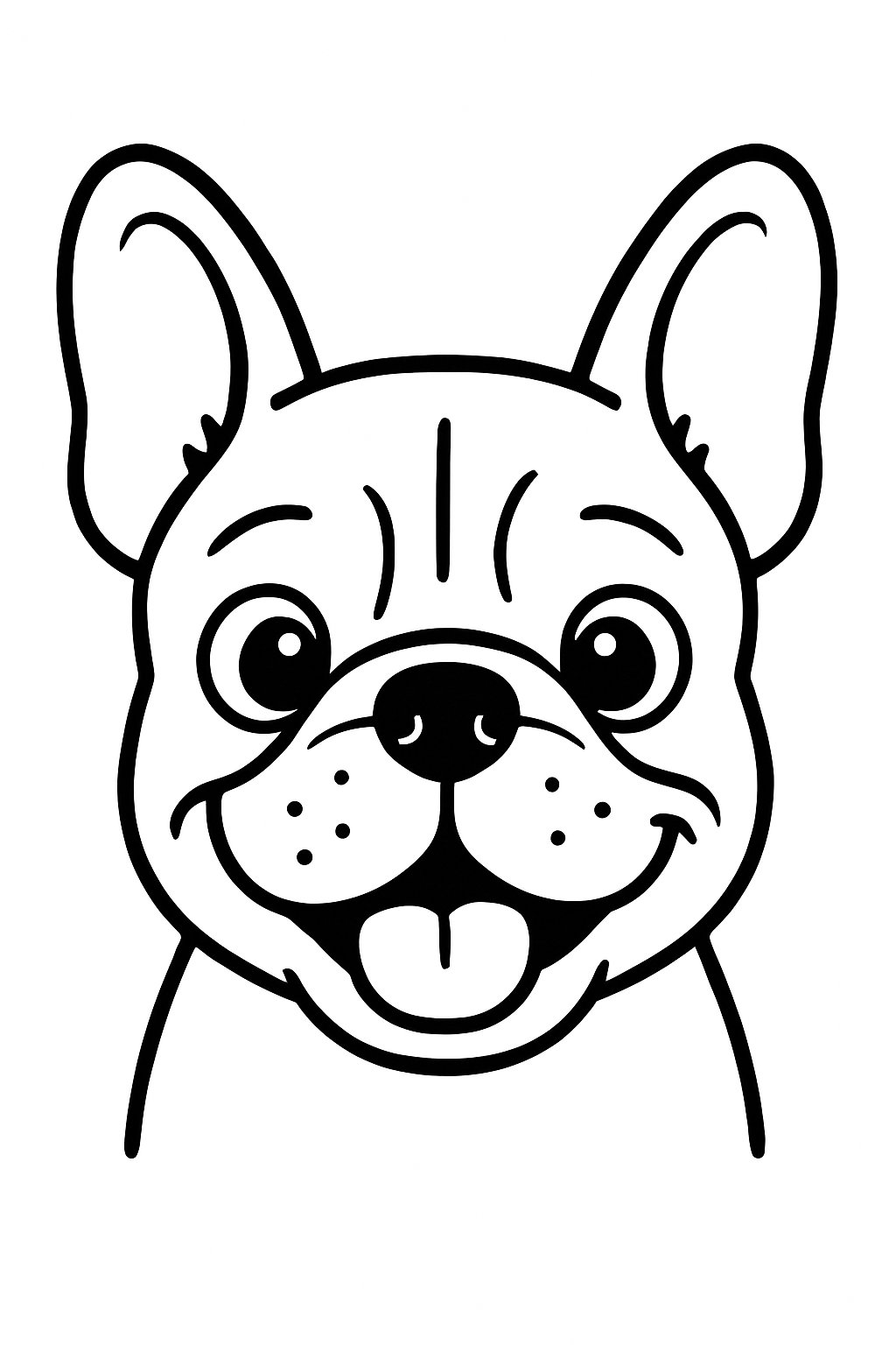 A simple drawing of a French Bulldog's face with a friendly and expressive expression.