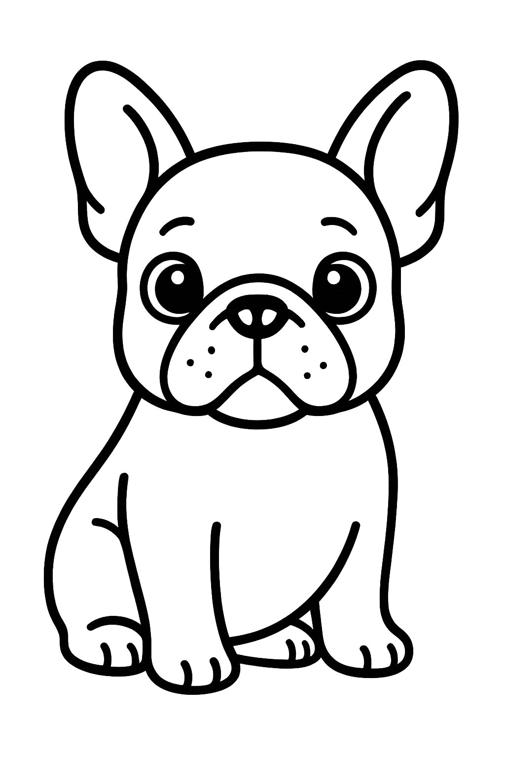 A simple drawing of a sitting French Bulldog with large ears and a small body.