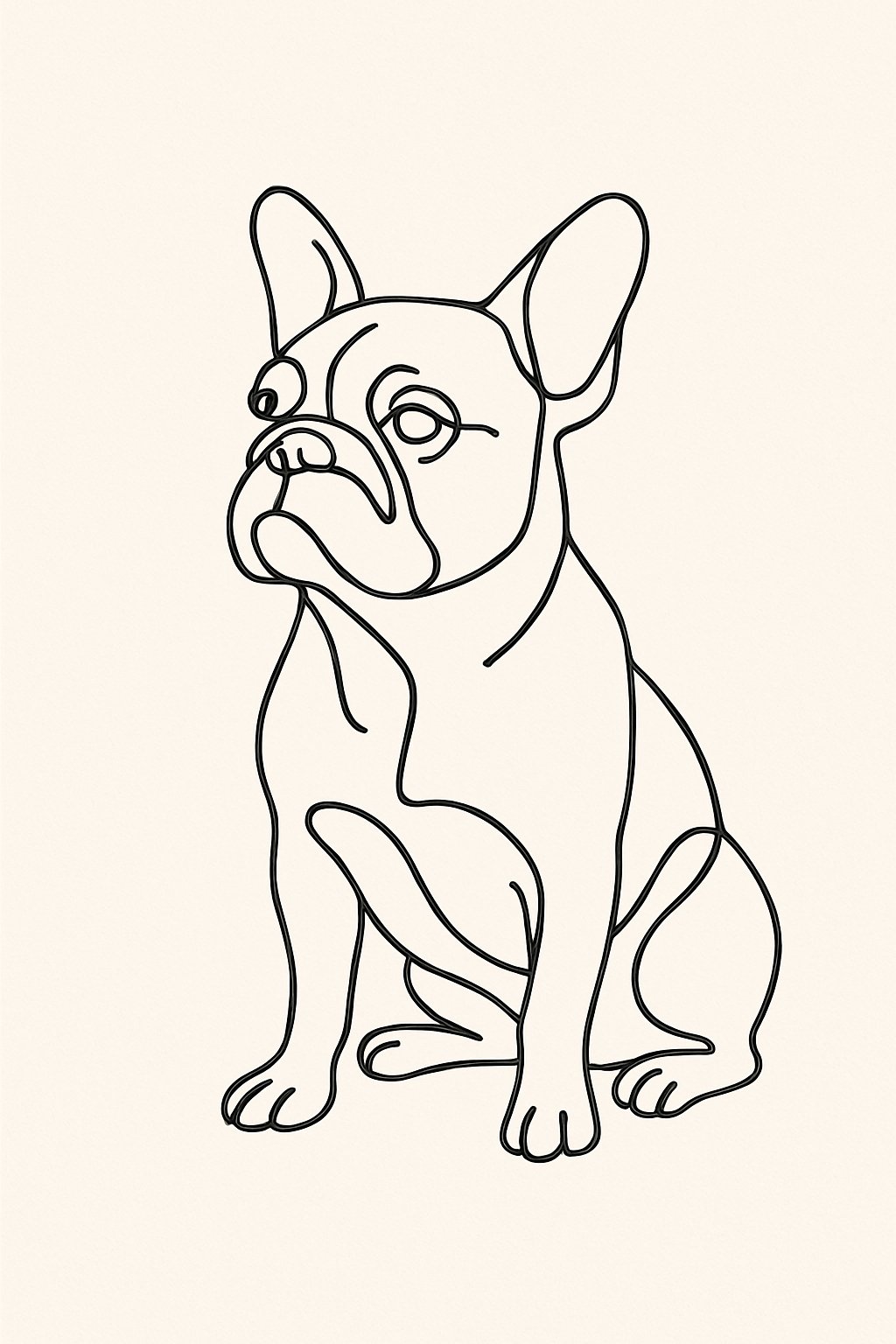 A simple continuous line drawing of a French Bulldog outlined in black on a plain light background.