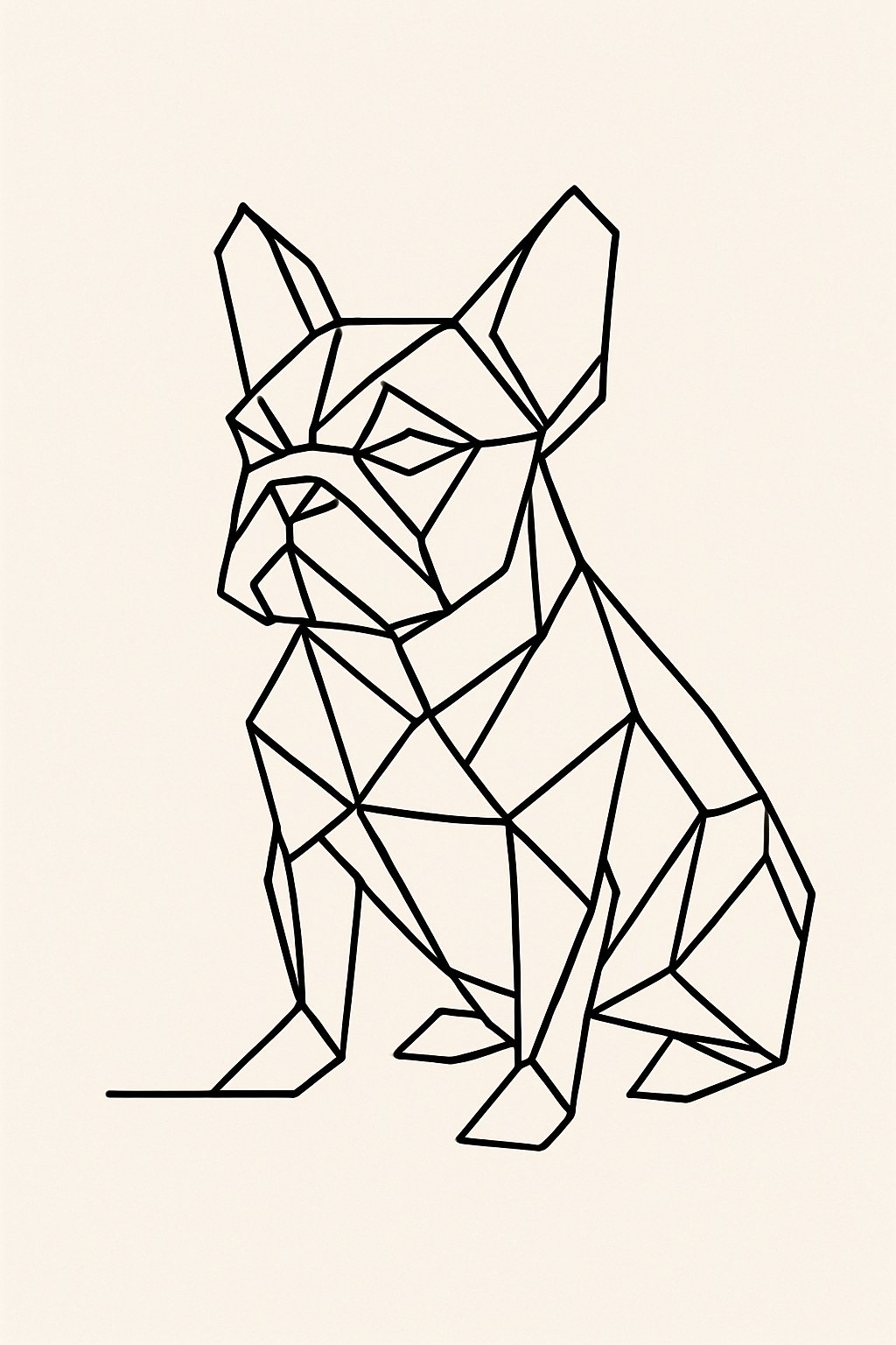 A minimalist continuous line drawing of a French Bulldog with sharp geometric angles on a plain background.