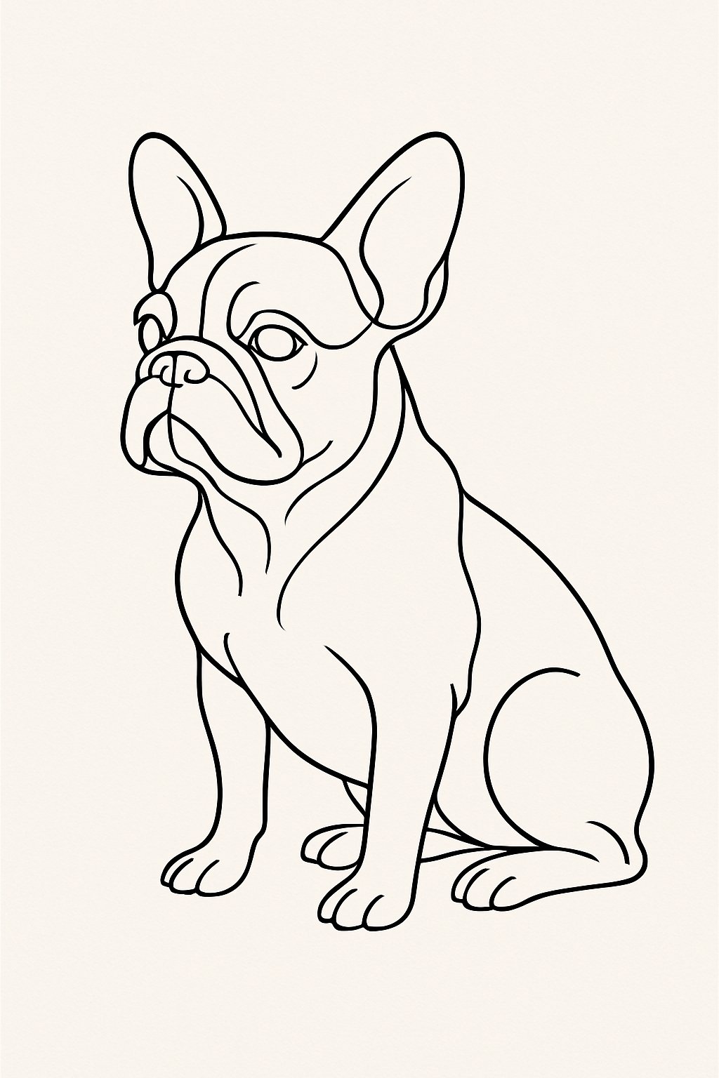 A minimalist continuous single-line drawing of a French Bulldog in black ink on a plain beige background.