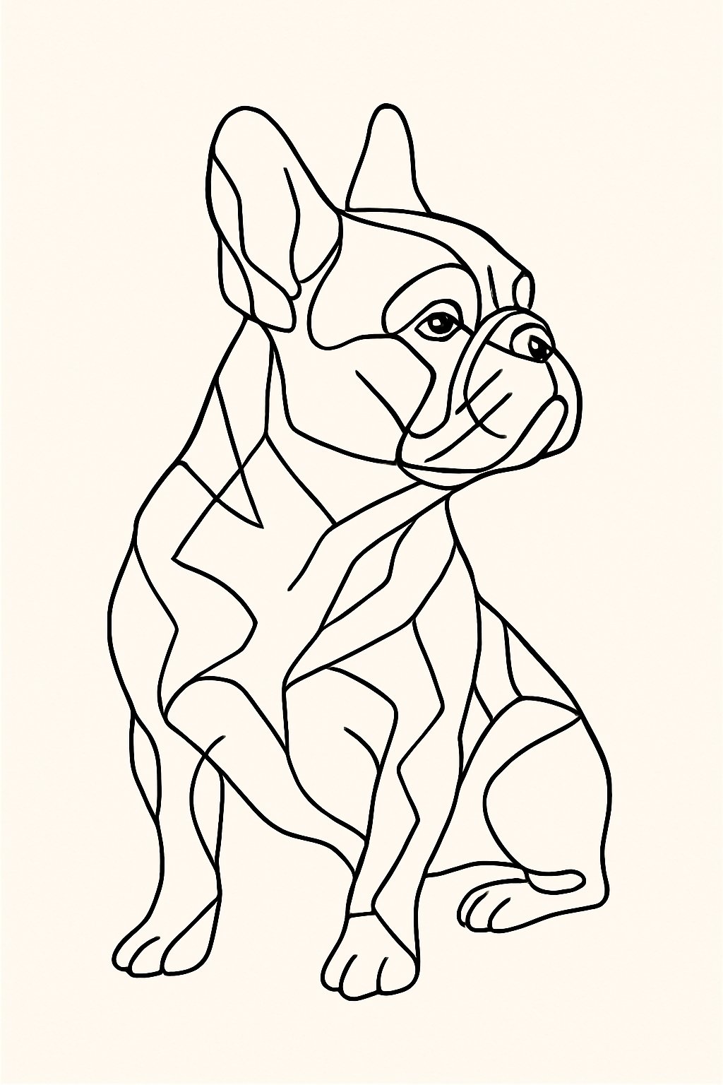 A minimalist one-line outline drawing of a French Bulldog with abstract fragmented shapes on a light background.