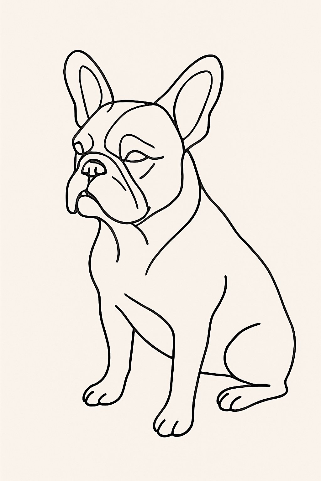 A minimalist one-line drawing of a French Bulldog with detailed ears on a plain background.