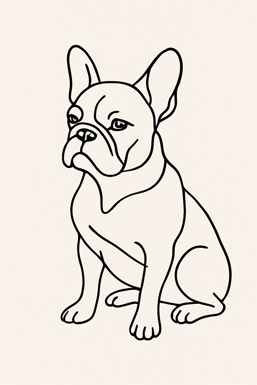 A minimalist one-line sketch of a French Bulldog in black ink on a light background.