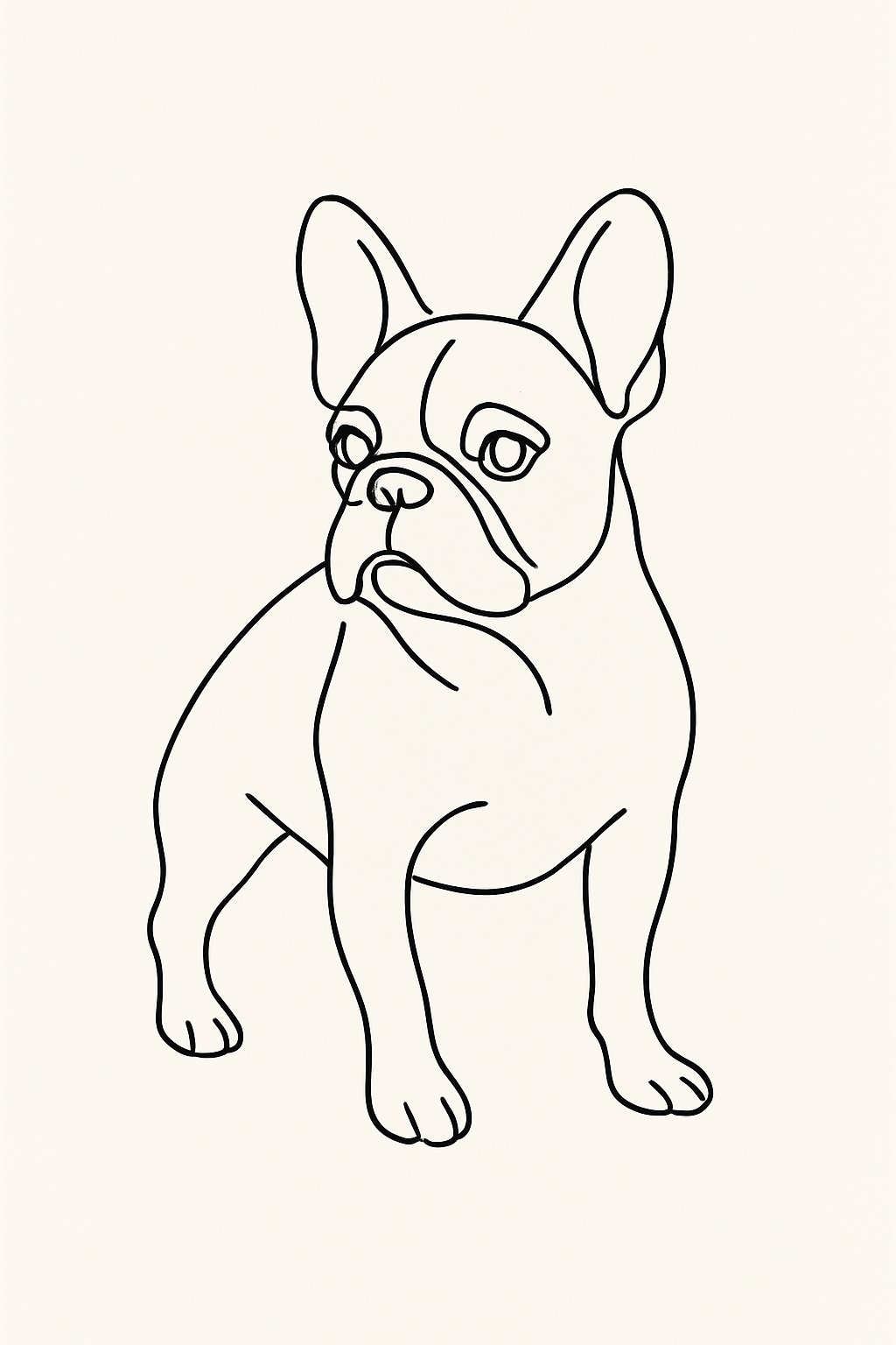 A minimalist continuous line drawing of a French Bulldog's face and upper body on a plain background.