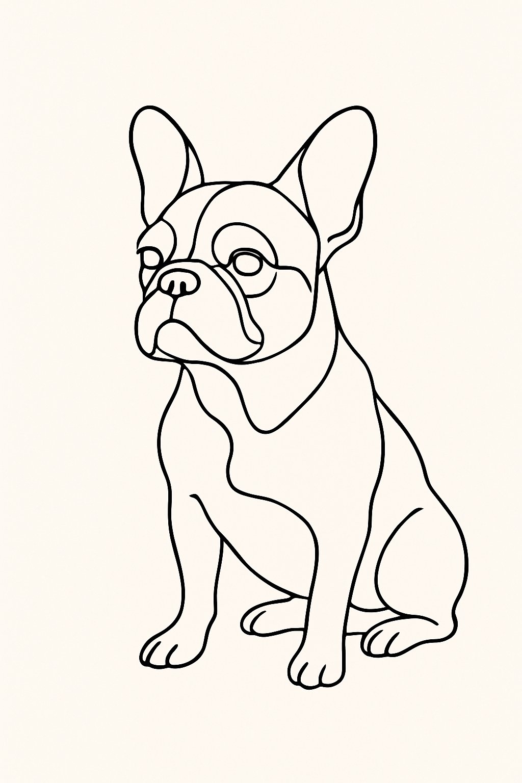 A simple black line drawing of a French Bulldog in a continuous outline on a light background.