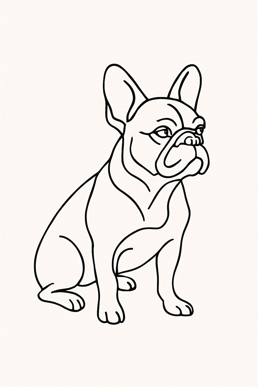 A simple black line drawing of a French Bulldog on a light background.