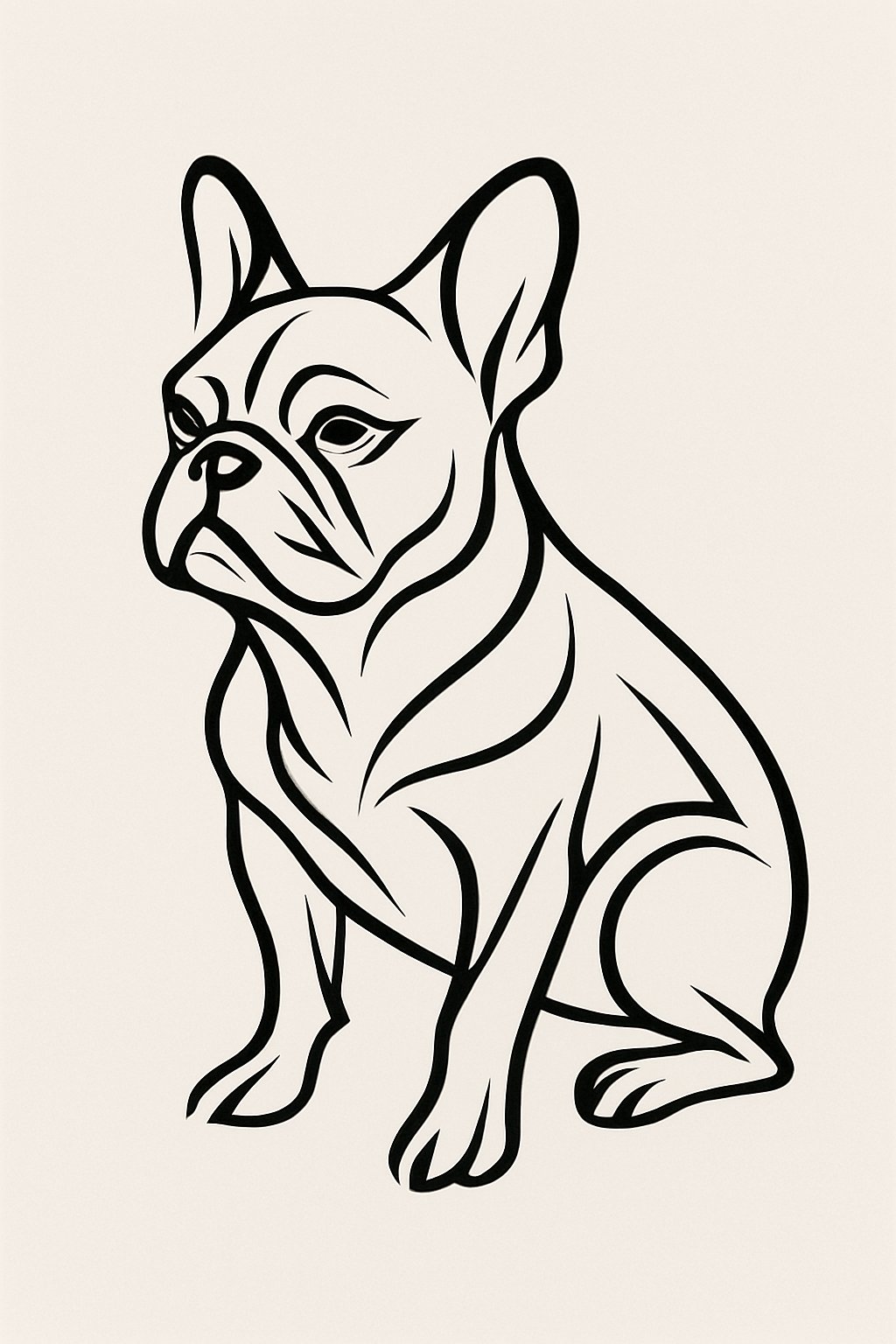 An abstract outline of a French Bulldog composed of flowing, unique lines forming the shape of the dog.