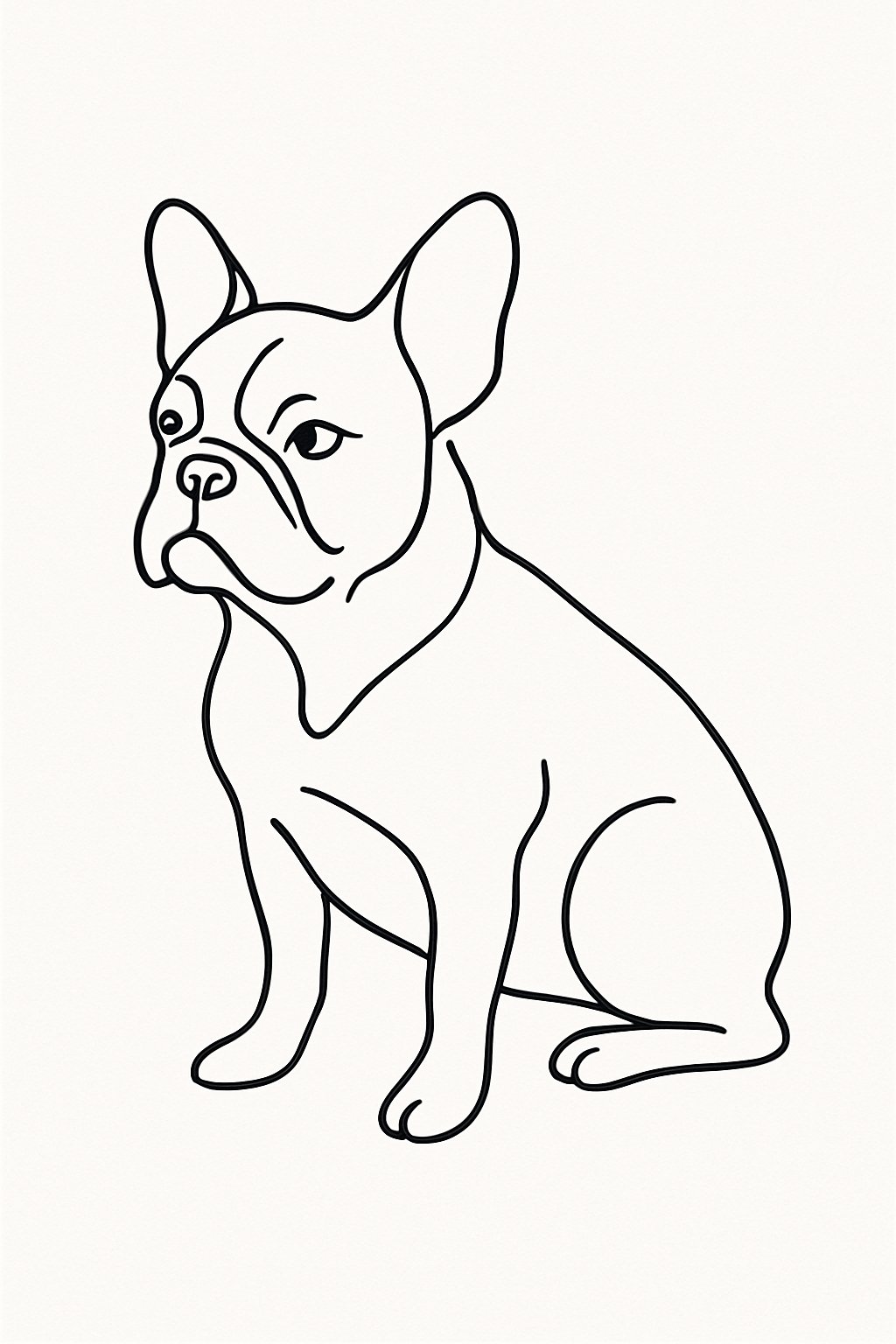 A simple black outline of a French Bulldog created with one continuous line on a white background.